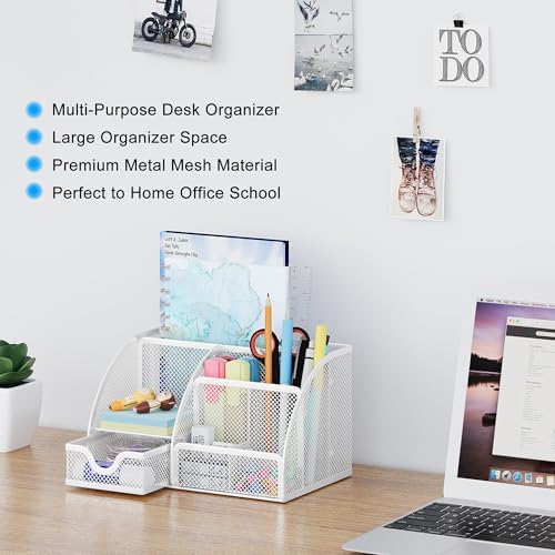 EasyPAG Mesh Desk Organizer with Drawer Multi-functional Pen Holder Stationery Organizer for Office School Supplies 6 Compartments Dorm Organizers and Storage for Desk, White