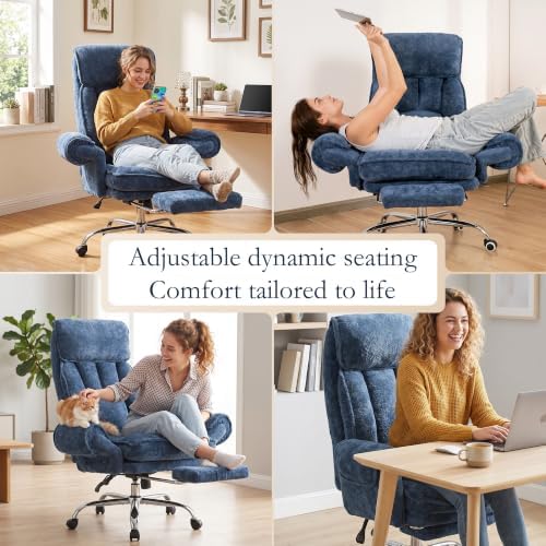 Criss Cross Comfy Office Chair with Adjustable 5-Position Armrests, Retractable Footrest & Headrest, Pet Friendly Reclining Desk Chair for Cross-Legged Sitting Blue