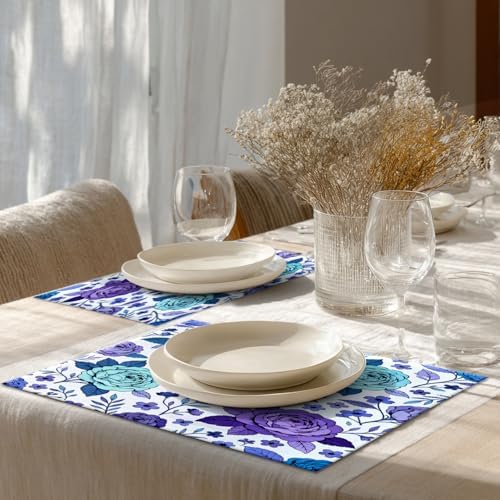 Shrahala Cobalt Blue Floral Orientalism Flower Placemats, Set of 4 (12 x 18 inch) for Valentine's Day