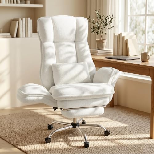 Criss Cross Office Chair with Flip Armrests, Big and Tall Criss Cross Chair with 6.7″ Plush Seat & Footrest, 135° Reclining Cross Legged Office Chair, Sherpa Fleece,White