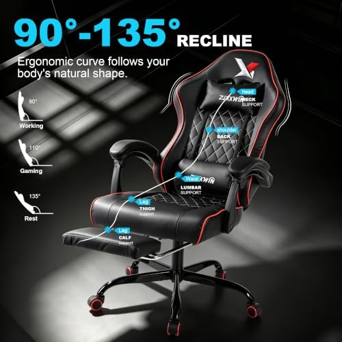 Gaming Chair with Pocket Spring Cushion, Ergonomic High Back Computer Chair with Footrest and Lumbar Support, Adjustable Height 360° Swivel Recliner, Red