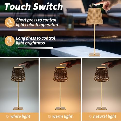 Mr. White Outdoor Waterproof Cordless Set of 2 Rechargeable Portable Top Touch Battery Operated Powered LED Table Lamp Desk Lamp Lights for Restaurant Kitchen Patio Dinner Dining (Gold 2 Pack)