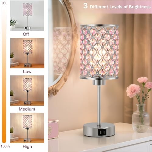 GyroVu Pink Crystal Bedside Table Lamps Set of 2 with USB C+A Ports