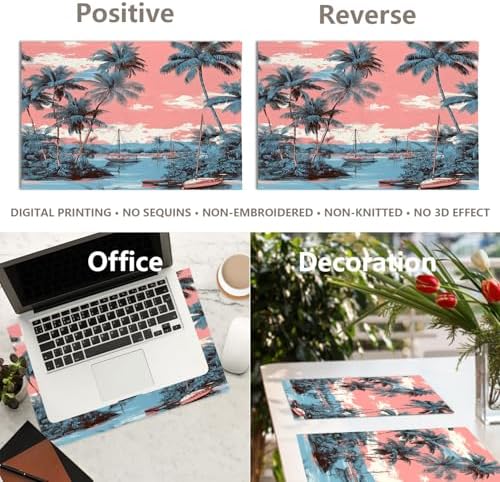 Beach Vacation Seaside Relaxation Linen Placemats, Palm Lined Shore Nautical Charm Table Mats for Table Washable Heat Insulation Thick Dining Mat, Indoor/Outdoor 12X18 in 4 Pcs