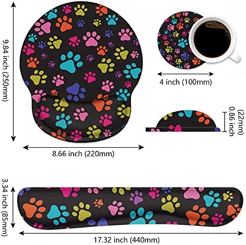 Keyboard Wrist Rest and Mouse Pad Wrist Rest Support Set with Coasters, Non-Slip PU Base for Gaming and Office, Comfortable & Lightweight for Easy Typing & Pain Relief - Colorful Dog Paw Print