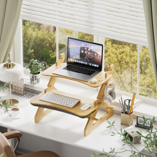 Amazer 22 inch Standing Desk Converter, Bamboo Desk Riser with Lap Desk