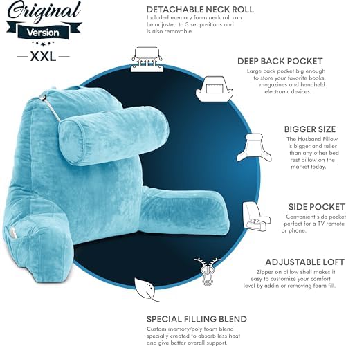 Husband Pillow XXL The Original for Adults - 30" Tall Backrest for Sitting Up in Bed - Firm Support Reading, Bed Rest Pillow for Adult, Neck Roll, Removable Cover - TV - Carolina Blue