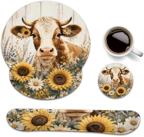 Fun Sunflower Cow Mouse Pad with Wrist Rest, Keyboard Support and Coaster