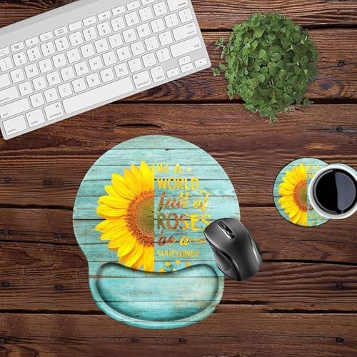 Ergonomic Mouse Pad with Wrist Support Teal Sunflower Mousepad Wrist Rest for Pad Gel Carpal Tunnel Relieves Pain Mouse Mat with Coaster for Computer Girl Work