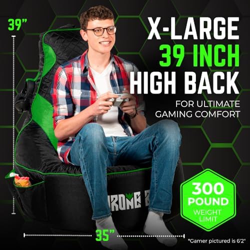 Gaming Bean Bag Chair Cover for Adults, High Back, Large Pockets, Green