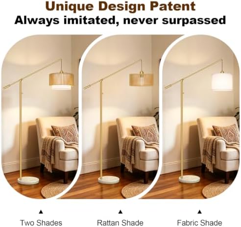 【Upgraded】Boho Dimmable Floor Lamp with Adjustable Swing Arm, 1100 Lumens Bulb Included, Modern Standing Lamp with Rattan & Fabric Shades, Tall Arc Floor Lamp for Living Room Bedroom, Gold, Heavy Base