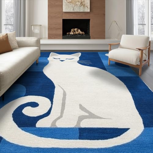 6'x9' Blue White Cat Sapphire Design Washable Area Rug