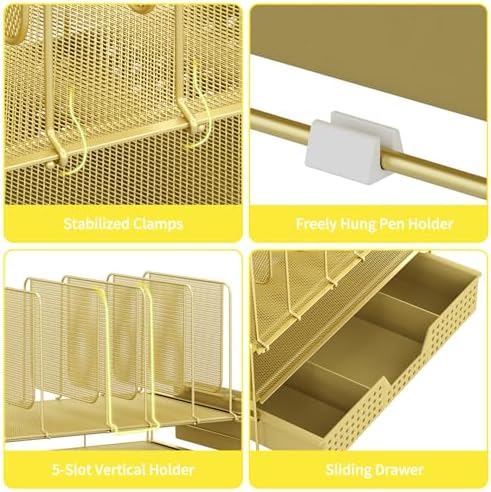 LEKETREE Gold Desk Organizer, Office Organization with Vertical File Holder, File Organizer with Drawer and Pen Holder, Desk Accessories and Workspace Organizers for Home Office (Gold)