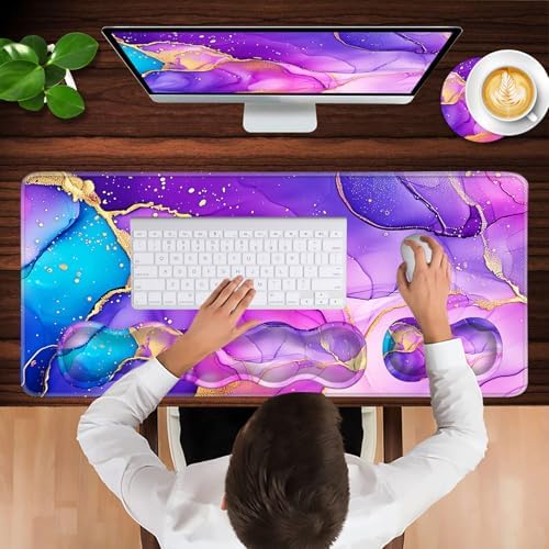 Keyboard Wrist Rest and Mouse Pad with Wrist Support Set Ergonomic Coaster,Memory Foam,Easy Typing Pain Relief,Large XL Desk Mat 31.5"x 11.8",Marble Purple