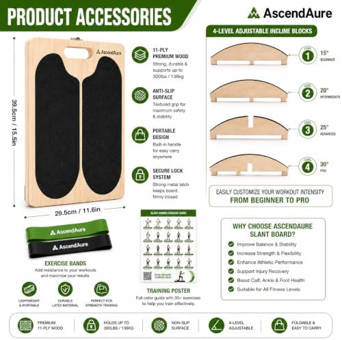 3-in-1 Slant Board & Balance Board, 6 Angle Adjustable Calf Stretcher, Wooden Incline Board for Squats, Ankle & Foot Stretching