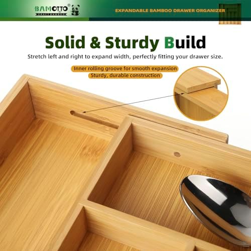 BAMOTTO CRAFTBAMBOO Expandable Bamboo Drawer Organizer for Kitchen, 8 Slot