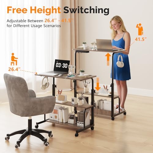 FCH 31.5" Mobile Small Standing Desk, Adjustable Height Mobile Computer Desk, w/2 AC Outlets + 3 USB Ports & Hooks, Storage Shelves, Suitable for Gaming, Studying, Home Office, Gray