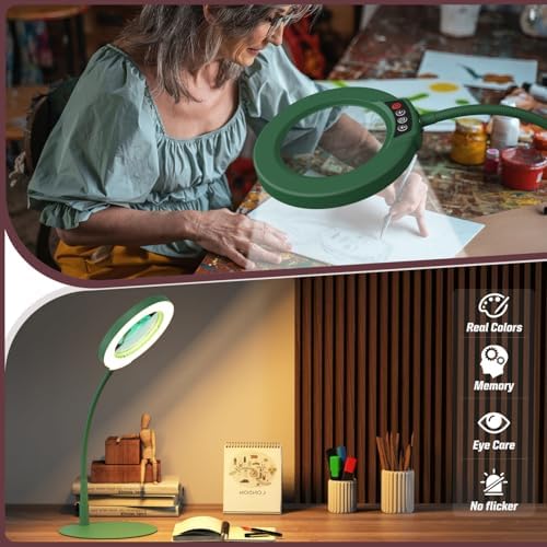 10X Magnifying Glass with Light and Stand, 5 Color Modes Stepless Dimmable LED Lighted Desk Lamp, Hands Free Flexible Gooseneck Magnifier with Light for Craft Hobby Painting Close Work - Green