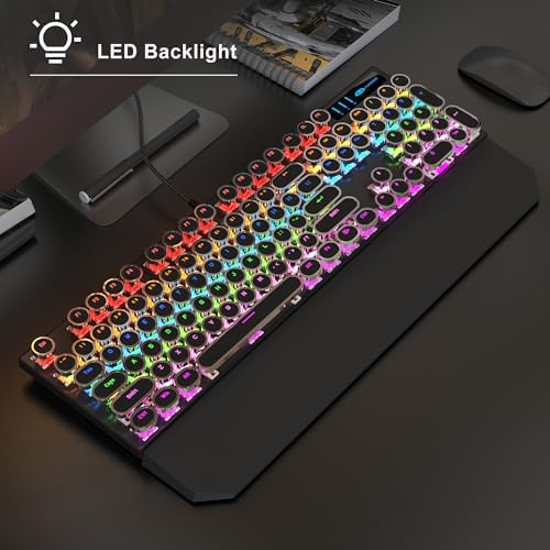 MageGee Typewriter Mechanical Gaming Keyboard, Retro Black Punk Round Keycaps RGB Rainbow Backlit Wired Keyboards for Laptop MAC PC Gamer, with Magnetic Wrist Rest - Blue Switch