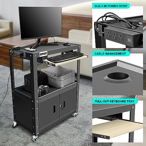 DNA Motoring Steel AV Cart with Extra Storage Cabinet, 30.8" x 18" x 22"-42" Height Adjustable Rolling Projector Utility Cart, TOOLS-00293