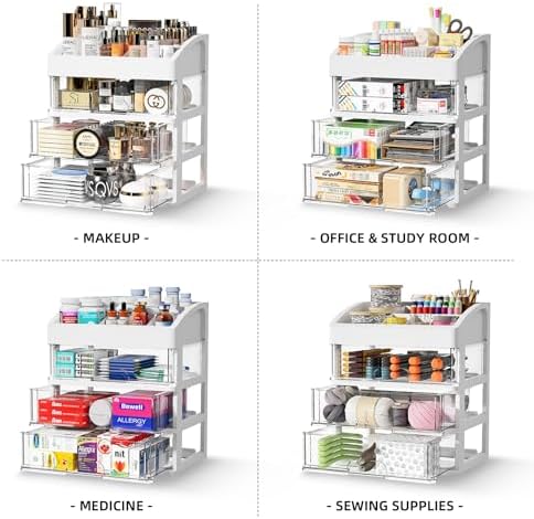 Desk Organizer with Drawers, 3 Drawers Storage Organizer, Desktop Storage Drawers for Office/School Supplies, Plastic Stationary Makeup Organizer, Desk Storage Box for Office, School, Home