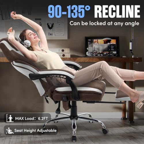 Massage Office Chair with Footrest,6-Point Vibration & Heat Executive Office Chairs,Ergonomic Desk Chair for Heavy People,Recliner with Padded Armrest,500LBS Big and Tall Office Chair,Brownwhite