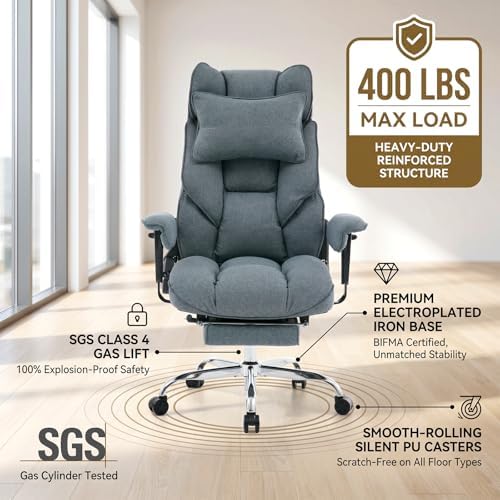 mokodo Big and Tall Office Chair 400lbs, Breathable Fabric Executive Desk Chair with Pocket Spring Cushion, 155° Reclining Computer Chair with Integrated Headrest & Lumbar Pillow (Dark Blue)