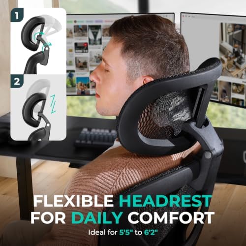 CAPOT Ergonomic Office Chair 400lbs Mesh Seat, High Back Adjustable Lumbar, 90/110/125°Backrest Lock, Flip-up Armrests, 3D Headrest, Computer Desk Gaming Chair with PU Wheels - Black