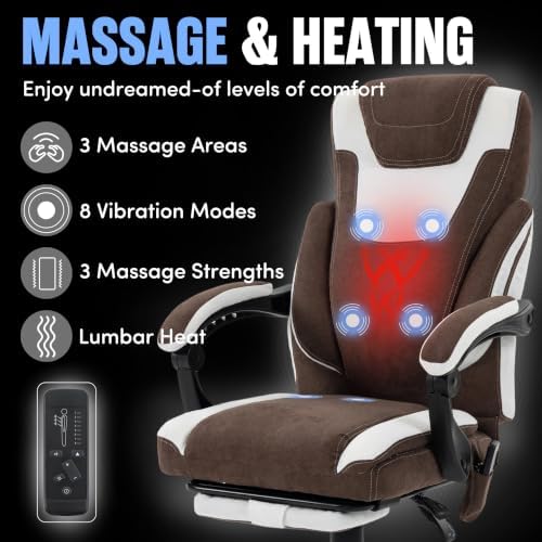 Massage Office Chair with Footrest,6-Point Vibration & Heat Executive Office Chairs,Ergonomic Desk Chair for Heavy People,Recliner with Padded Armrest,500LBS Big and Tall Office Chair,Brownwhite