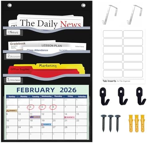 ALSLEA 4 Pockets Hanging Wall File Organizer 15" Extra Wide Pocket Chart for Classroom, Office, Home, Mail Organizer Wall Mounted with 1 Writable Clear Pocket, 5 Wall/ Door Hooks & 12 Labels (Black)