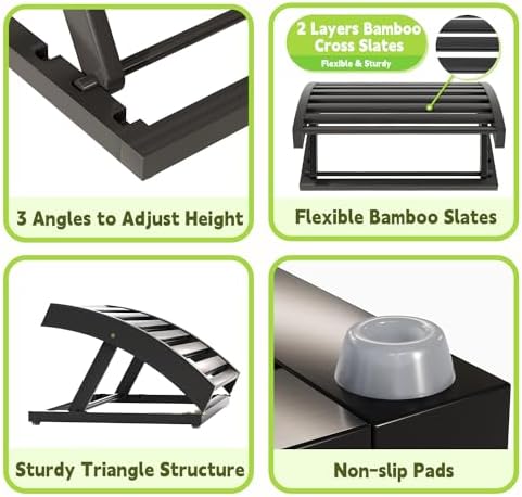Foot Rest for Under Desk at Work - Adjustable Black Bamboo Footrest for Office and Couch