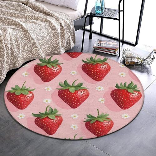 Large Home Decor Mat, Soft Round Yoga Carpet, Non Slip Machine Washable Home Office Circle Rug Flowers Pink Strawberry