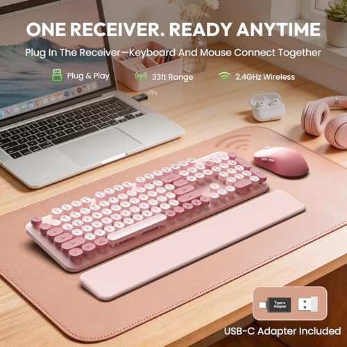 Wireless Keyboard and Mouse Combo, Typewriter Keyboard, Magnetic Wrist Rest