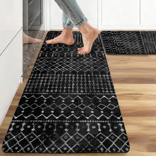Boho Kitchen Mats for Floor 2PCs, 17.3"x47"+17.3"x29", Black
