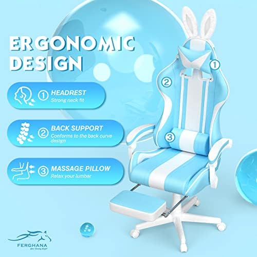 Ferghana Kawaii Light Blue Gaming Chair with Bunny Ears, Ergonomic Cute Gamer Chair with Footrest and Massage, Racing Reclining Leather Computer Game Chair 250lbs for Girls Adults Teens Kids