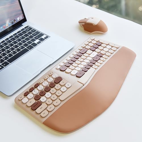Wireless Ergonomic Keyboard and Mouse Combo with PU Wrist Rest, Carpal Tunnel Keyboard, 2.4G Colorful Split Ergo Keyboard, Comfortable Natural Typing, Compatible with PC/Laptop (Milk Tea)