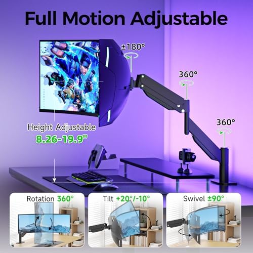 Suptek Single Monitor Arm for 27–49 Inch Ultrawide Large Screen Monitors, Gas Spring Desk Mount with Tilt Swivel, VESA 75/100, Supports 48.5 lbs, Clamp & Grommet, MD71PRO