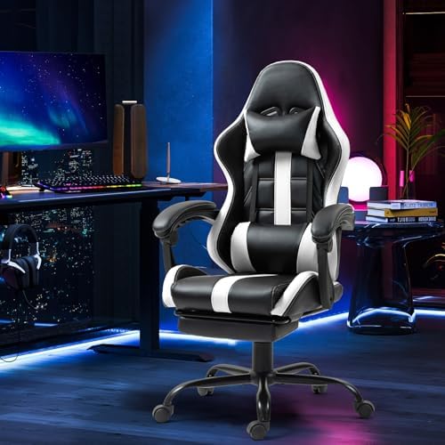 Massage Gaming Chair with Footrest & Lumbar Support, White
