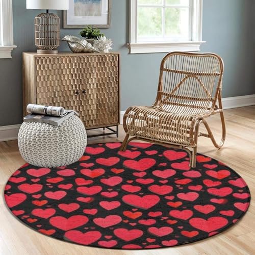 Soft Round Yoga Carpet, Large Home Decor Mat, Non-Slip Machine Washable Kitchen Office Circle Rug Compatible with Valentine's Day Elegant Red Love Heart Black