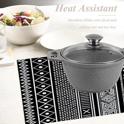 Shrahala Traditional African Geometric Set of 8 12 X 18 Inch Linen Placemats, Black and White Tribal Ethnic Burlap Table Mat Washable Double Layered Heat Insulation for Indoor/Outdoor