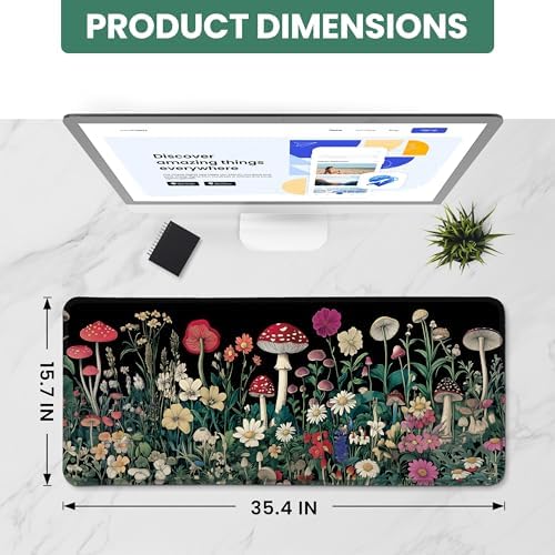 Aesthetic Desk Mat, Cute Woodland Mushroom Desk Pad Protector for Work & Decor, 35.4" x 15.7", Pretty Non-Slip Extended Mouse Pad for Office or Home