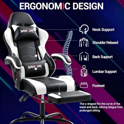 Gaming Chair with Footrest for Adults, PU Leather Massage Racing Video Game Chair with Lumbar Support for Men Women, Ergonomic Computer Gamer Chair for Home Office, Height Adjustable, White