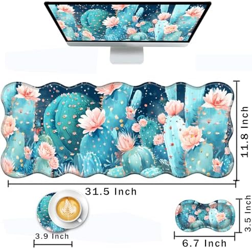 Mouse Pad with Wrist Support + Desk Mat + Coaster 3 in 1 Set, XL Large Gaming Mousepad Ergonomic Mouse Pads for Desk Computer Laptop Office,Cute Cactus