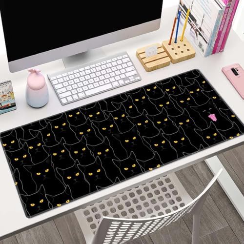 Cats Large Mouse Pad Desk Pad Black Desk Accessories for Women Men Office Decor Laptop Keyboard Mouse Mat XL Mousepad 31.5''X11.8'' Non-Slip Rubber Base with Stitched Edges