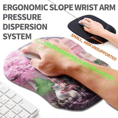 Ergonomic Slope Mouse Pad Wrist Support, Wrist Rest Mousepad for Carpal Tunnel Pain Relief with Massage Bulge and Slow Rebound Memory Foam (12x8 inch, Cat Bakery)