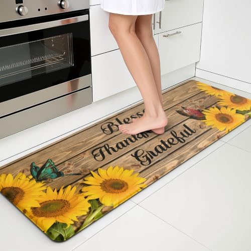 Farmhouse Sunflower Kitchen Decor Mat, Cushioned Anti Fatigue