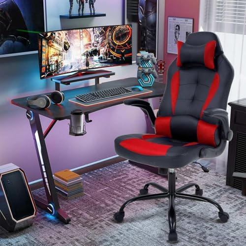 Video Gaming Chair,Ergonomic Computer Office Desk Chair with Lumbar Support Flip Up Arms Adjustable Height Swivel PU Leather Executive with Wheels for Kids Adults Women Men Gaming Home Office(Red)