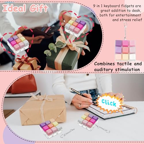 Keyboard Fidget Toy, Keyboard Fidget Keychain 9-in-1 Keyboard Decompression Button Finger Clicker Toys Stress Relief Fidget Gifts (9 Colors- Pink Purple)