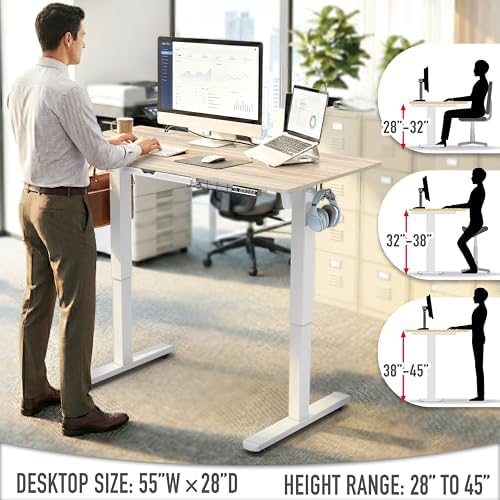 SHW 55 x 28 Electric Height Adjustable Standing Desk w/Drawer, Maple