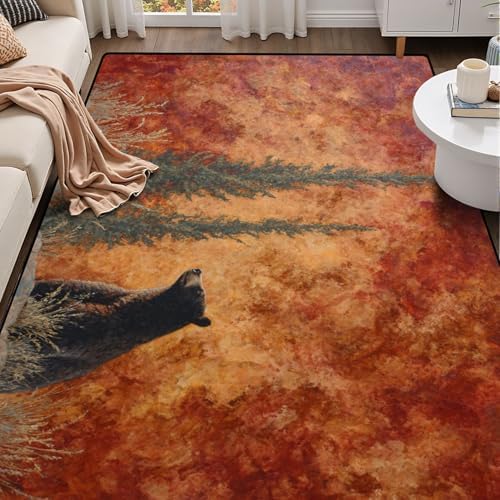 Nature Inspired Bear Pine Scene Warm Earthy Tones Area Rug Outdoor Patio Rug Play Mat Modern Floor Carpet Non-Slip Home Decor Living Room Kids Bedroom Nursery, 6x9 ft